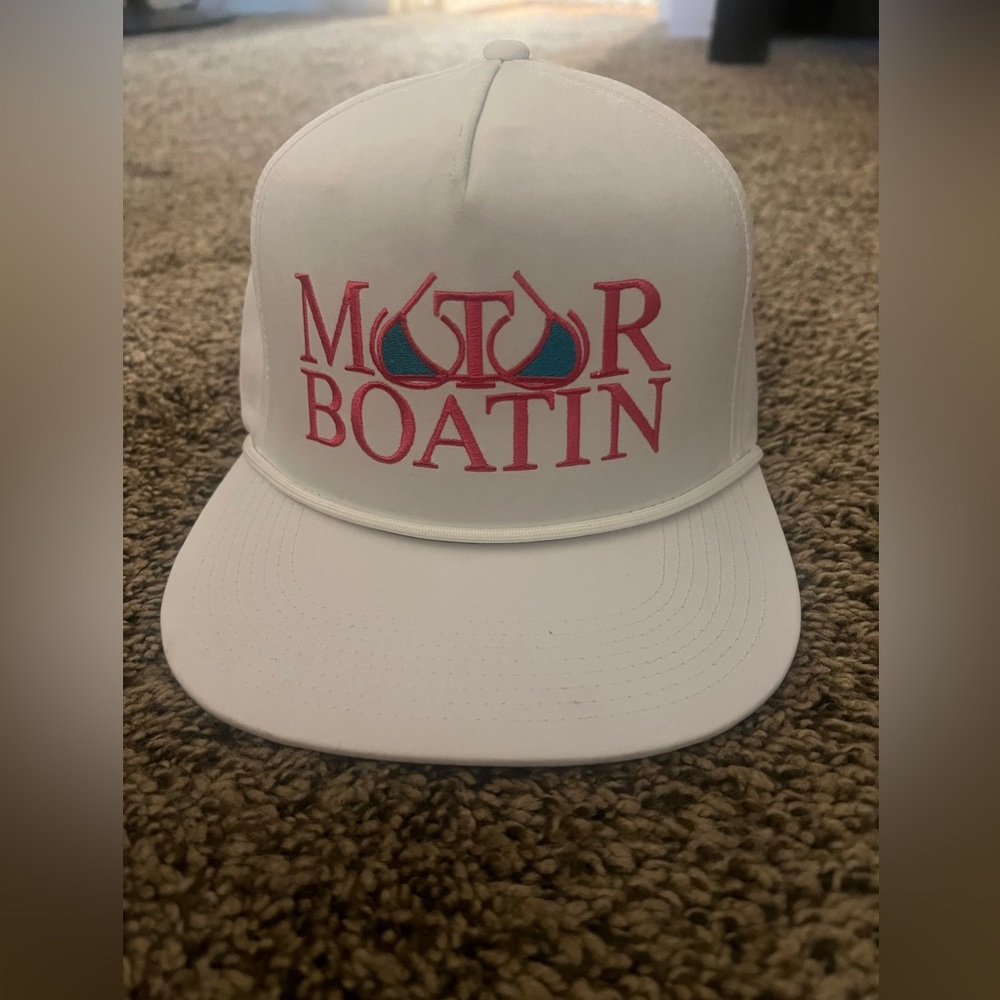 White Motor Boatin Cap with Pink Embroidery